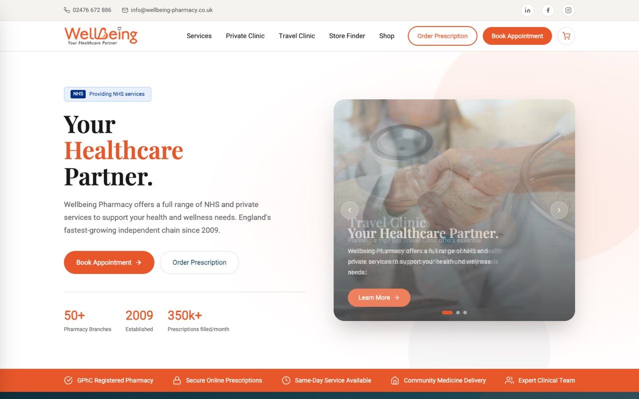 Screenshot of the Wellbeing Pharmacy homepage